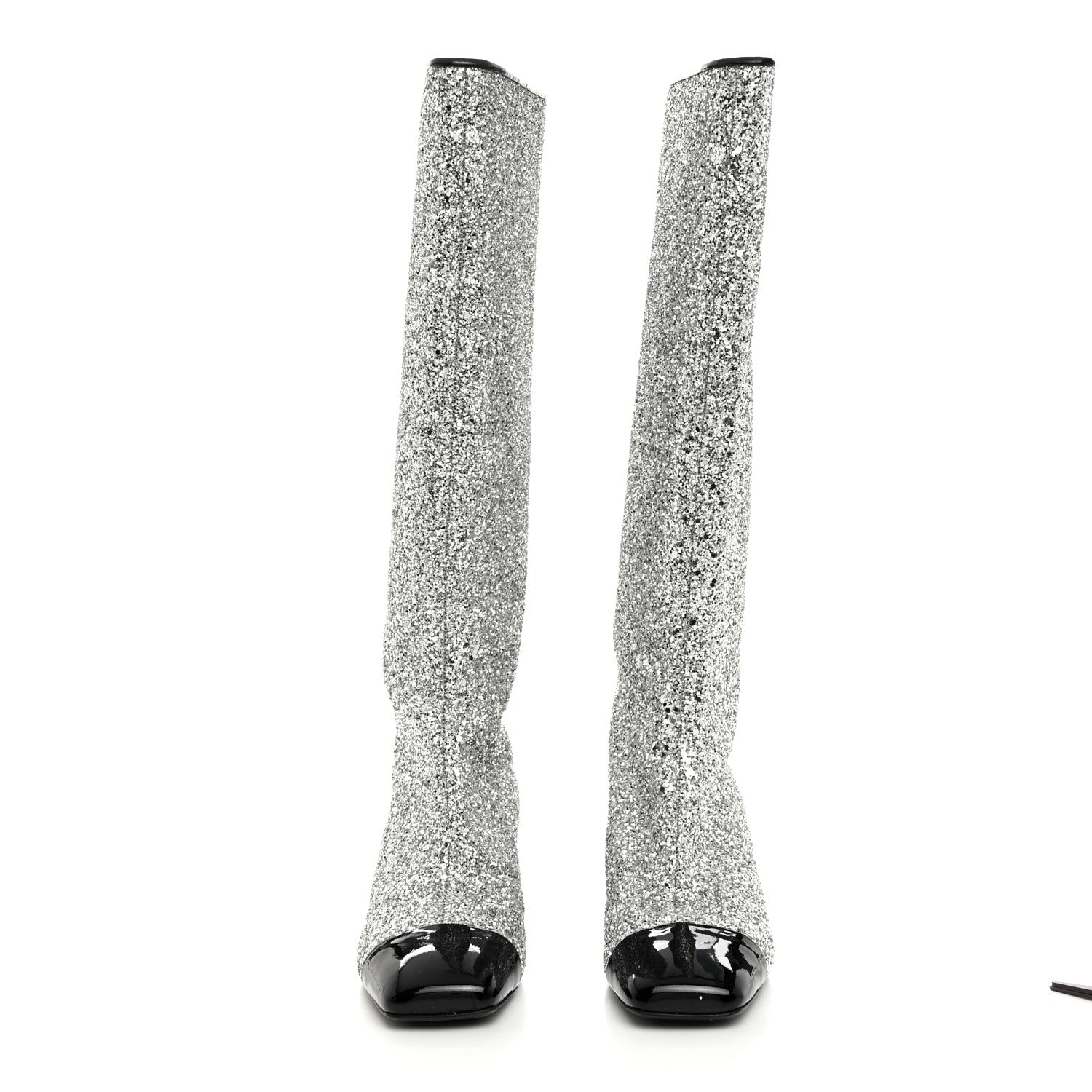 Chanel Glitter Patent Calfskin Cap Toe Fantasy High Boots 38 Silver Black 2 of 9