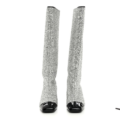 Chanel Glitter Patent Calfskin Cap Toe Fantasy High Boots 38 Silver Black 2 of 9