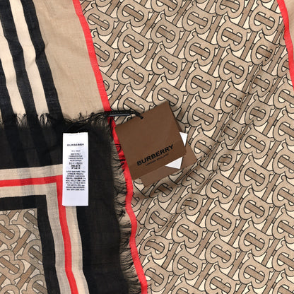 Burberry Wool Silk Icon Stripe Monogram Large TB Print Scarf Archive Beige 3 of 3