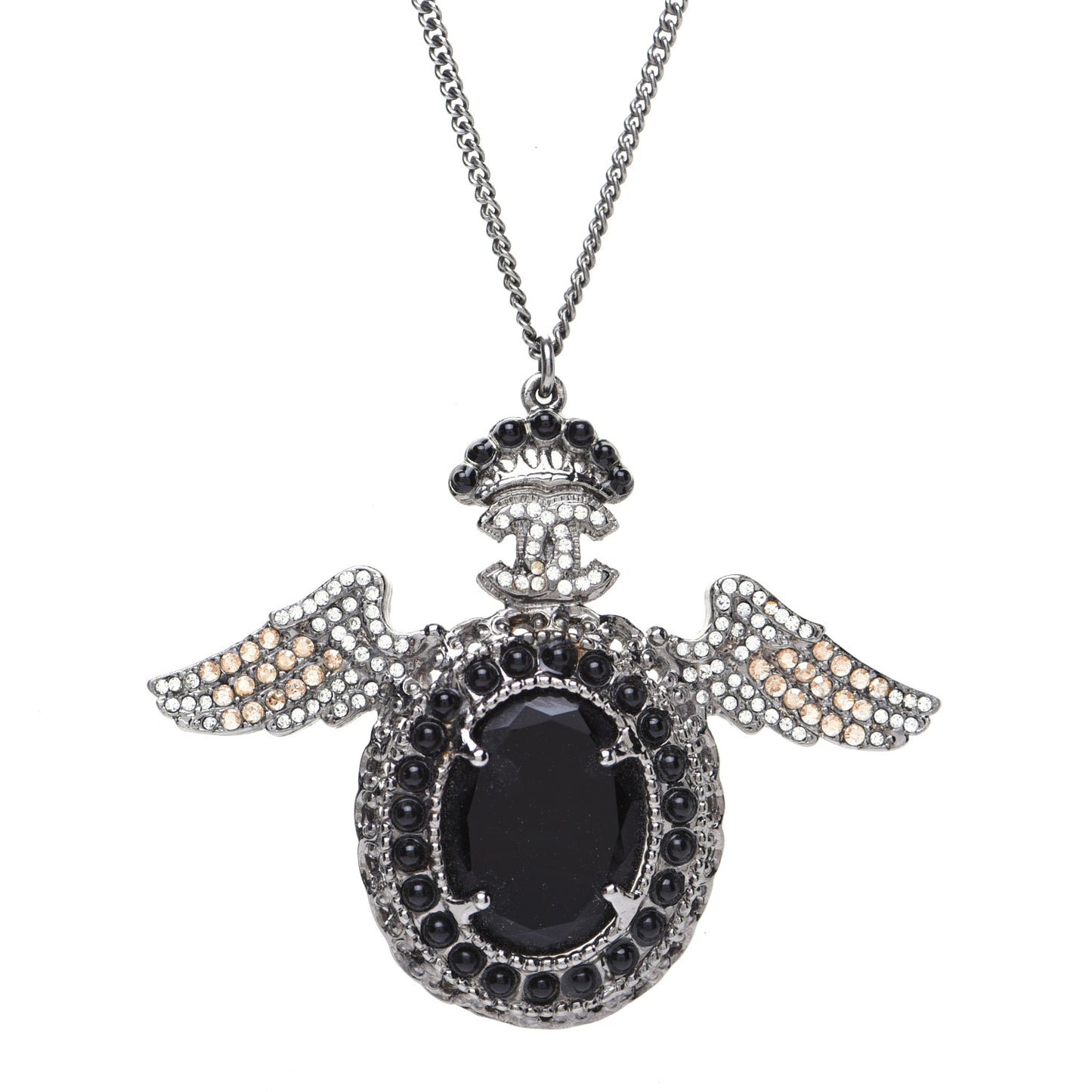 Crystal CC Crown Wing Pendant Necklace Black