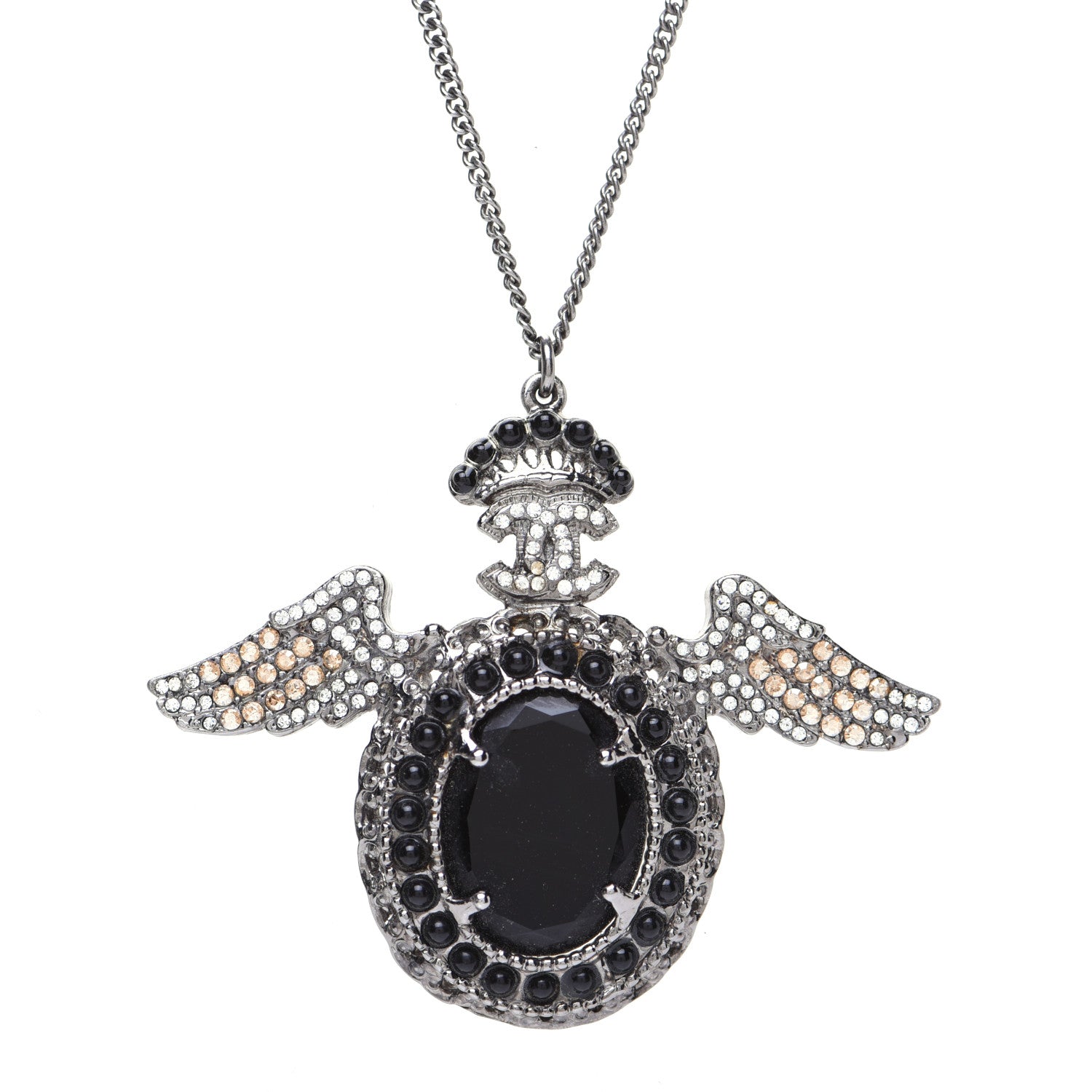 Chanel Crystal CC Crown Wing Pendant Necklace Black 4 of 8
