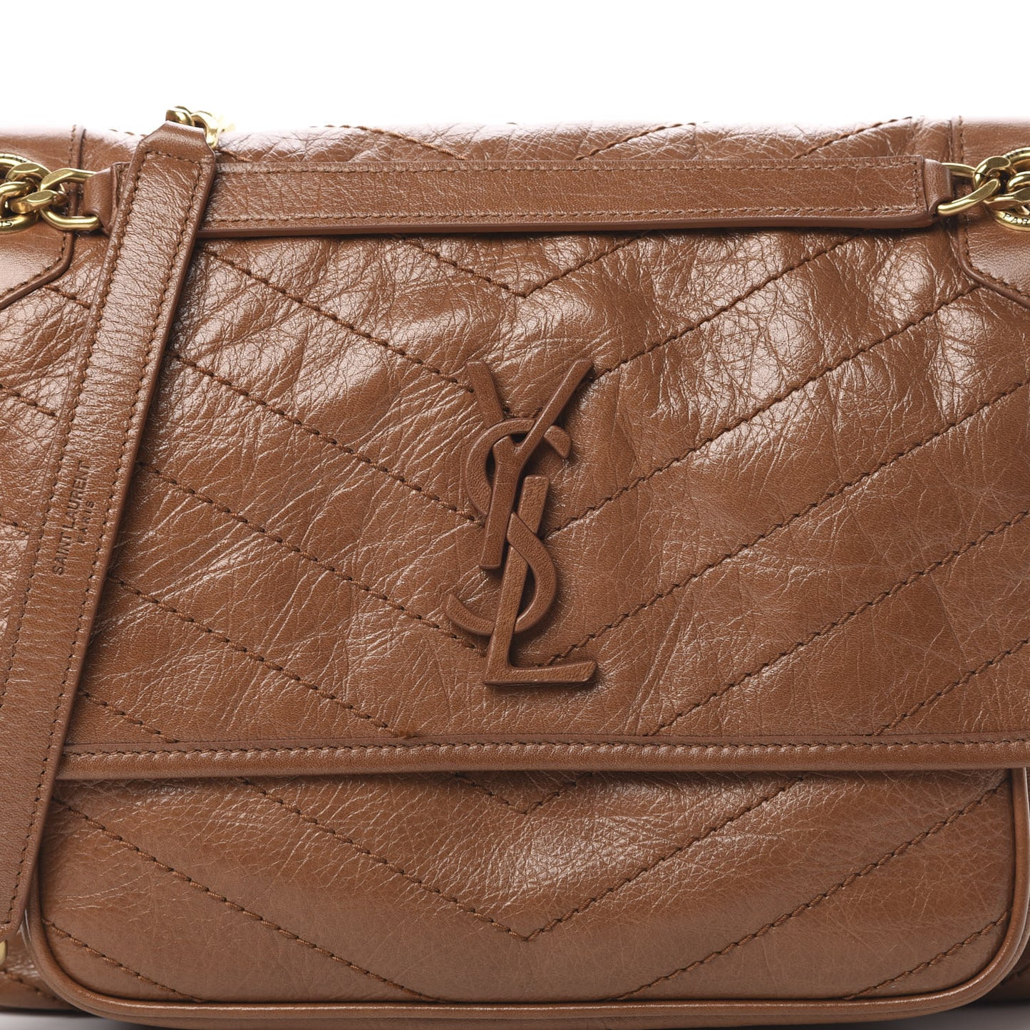 Crinkled Calfskin Matelasse Monogram Medium Niki Chain Satchel Caramel