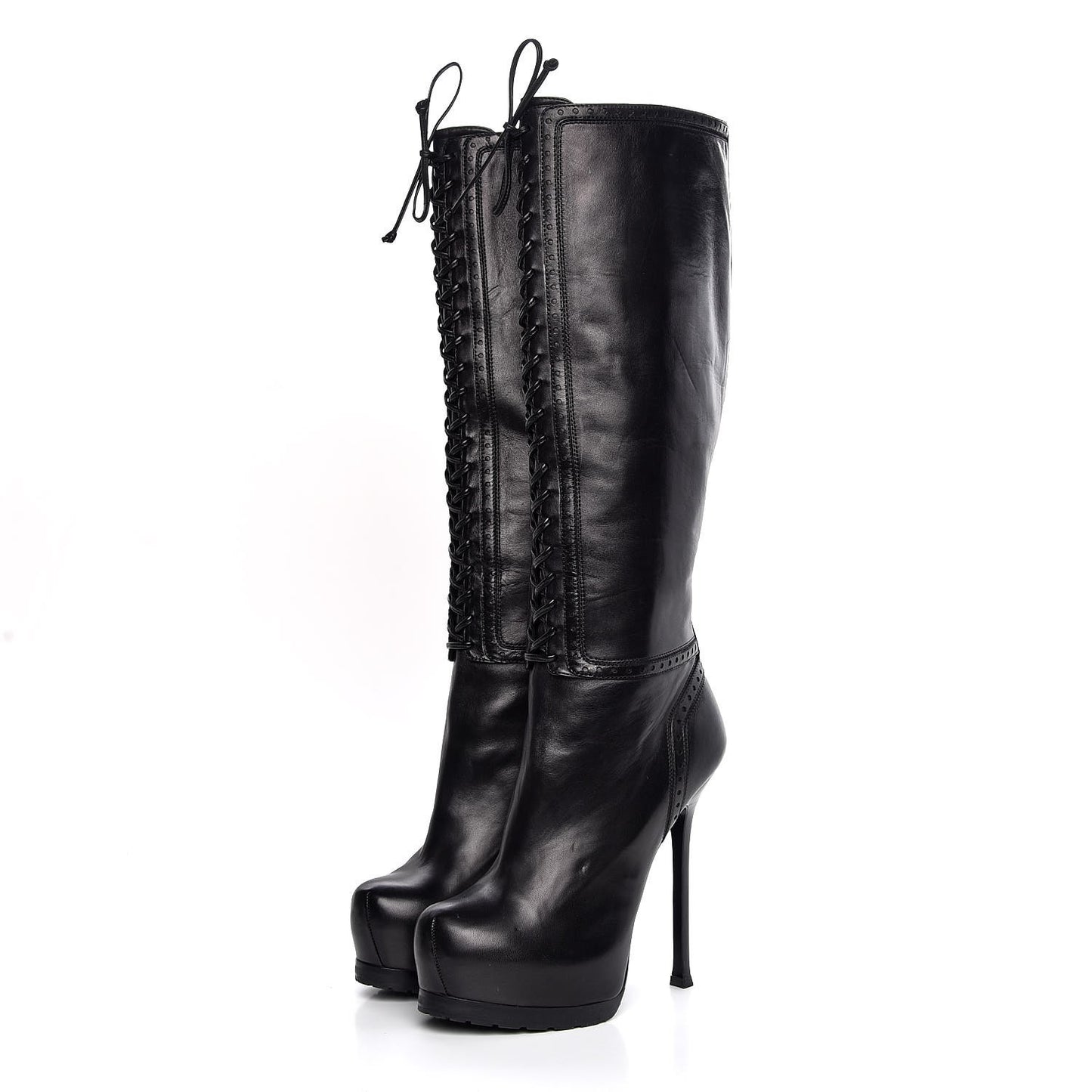 Calfskin Tribtoo 105 Lace Up Knee High Boots 40 Black
