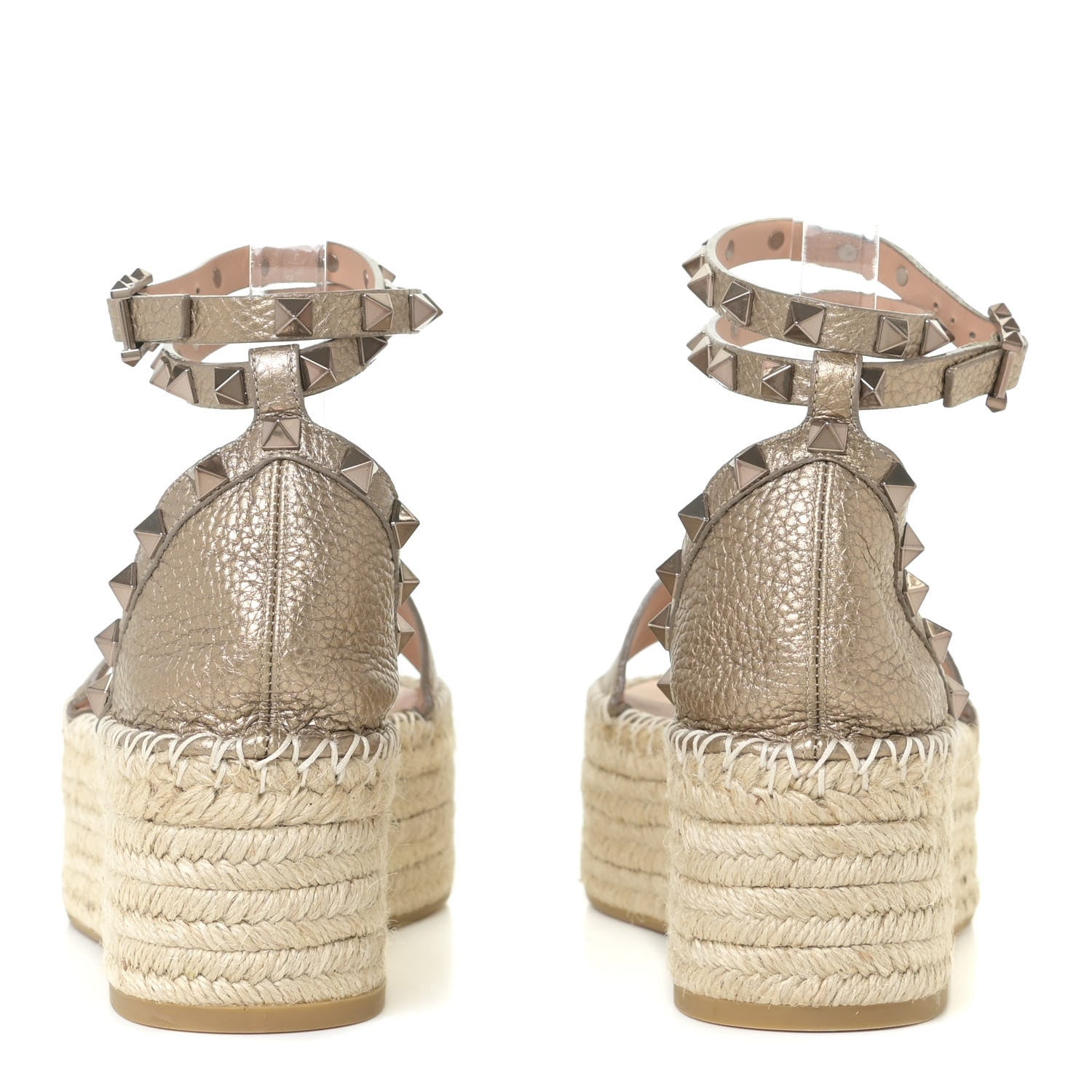 Valentino Garavani Metallic Grained Calfskin Rockstud Ankle Wrap Espadrille Flatform Sandals 36 Skin Natural 5 of 12