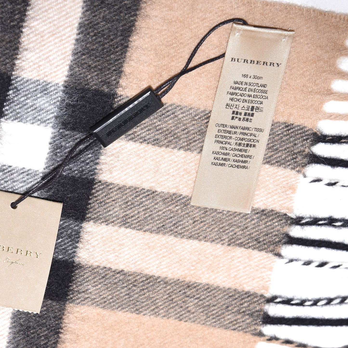 Cashmere Giant Check Fringe Scarf Camel