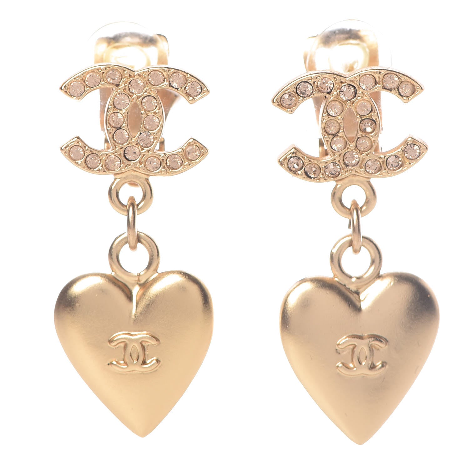 Chanel Crystal Heart CC Drop Earrings Gold 1 of 5