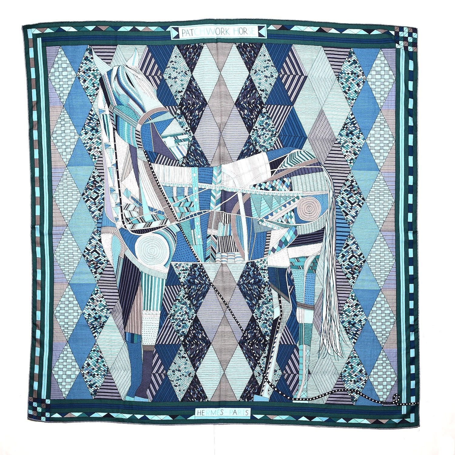 Hermes Cashmere Silk Patchwork Horse Shawl 140 Turquoise Vert Bleu 1 of 7