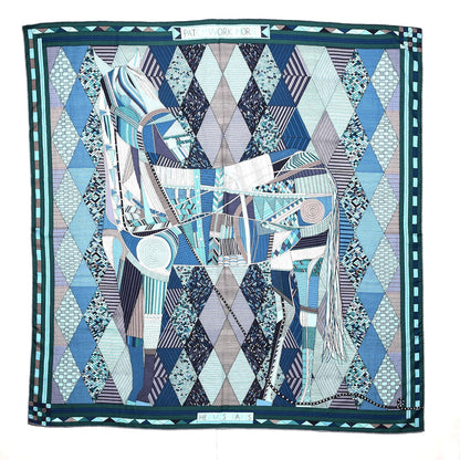 Hermes Cashmere Silk Patchwork Horse Shawl 140 Turquoise Vert Bleu 1 of 7