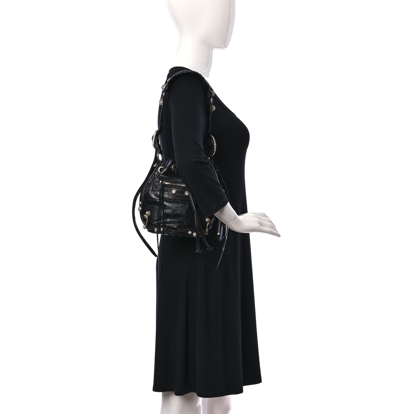 Extra Supple Calfskin Crystal Crocodile Embossed Le Cagole Bucket Bag XS Black