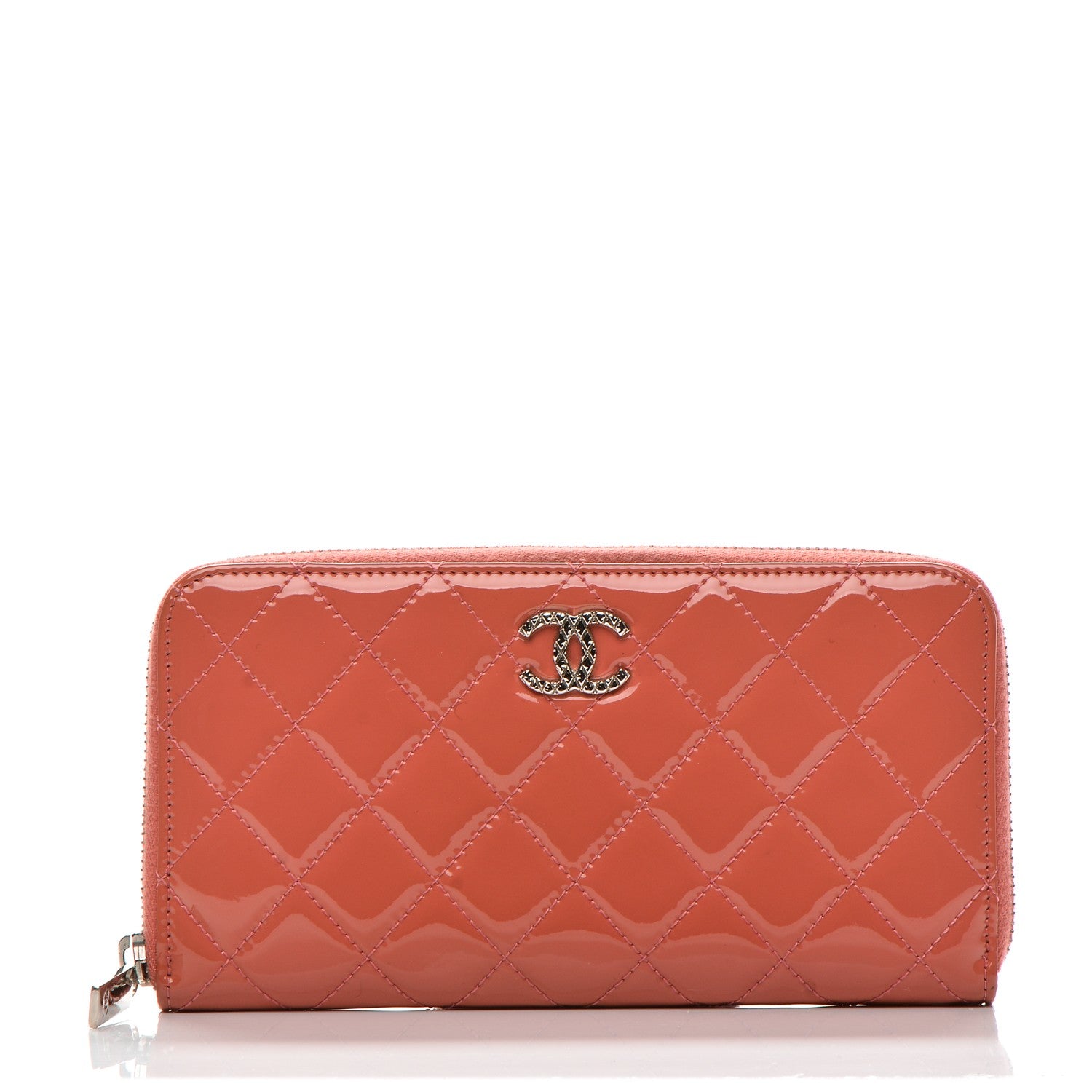 Chanel Patent Quilted Brilliant Zip Around Wallet Coral 1 of 9