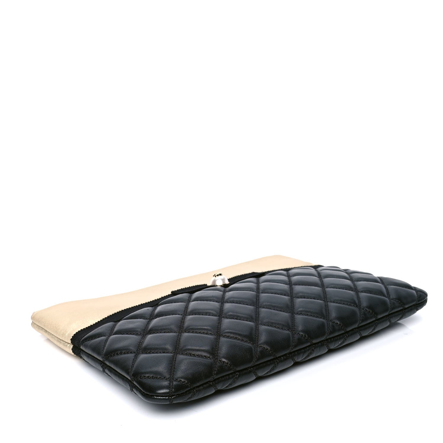 Chanel Metallic Goatskin Lambskin Grosgrain Pearl CC Medium Cosmetic Case Black Gold 3 of 4