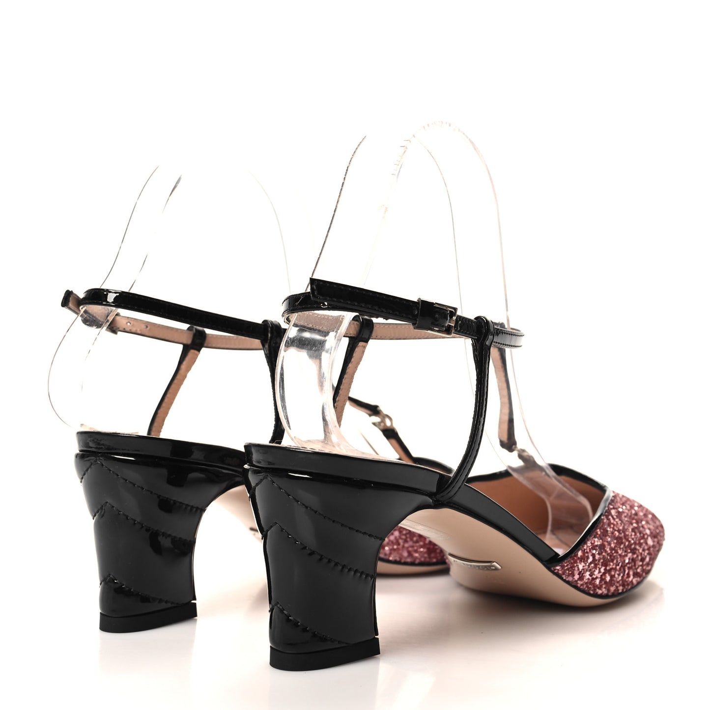 Calfskin Glitter Double G 55mm Slingback Pumps 38 Black Pink Glitter