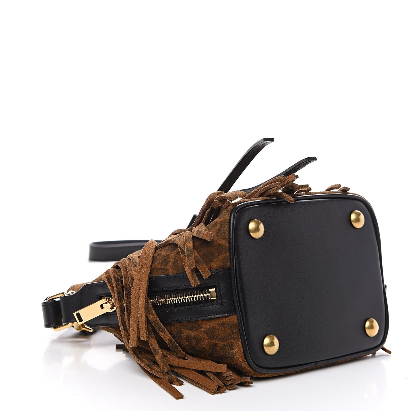 Suede Leopard Small Emmanuelle Fringe Bucket Bag Tan Black