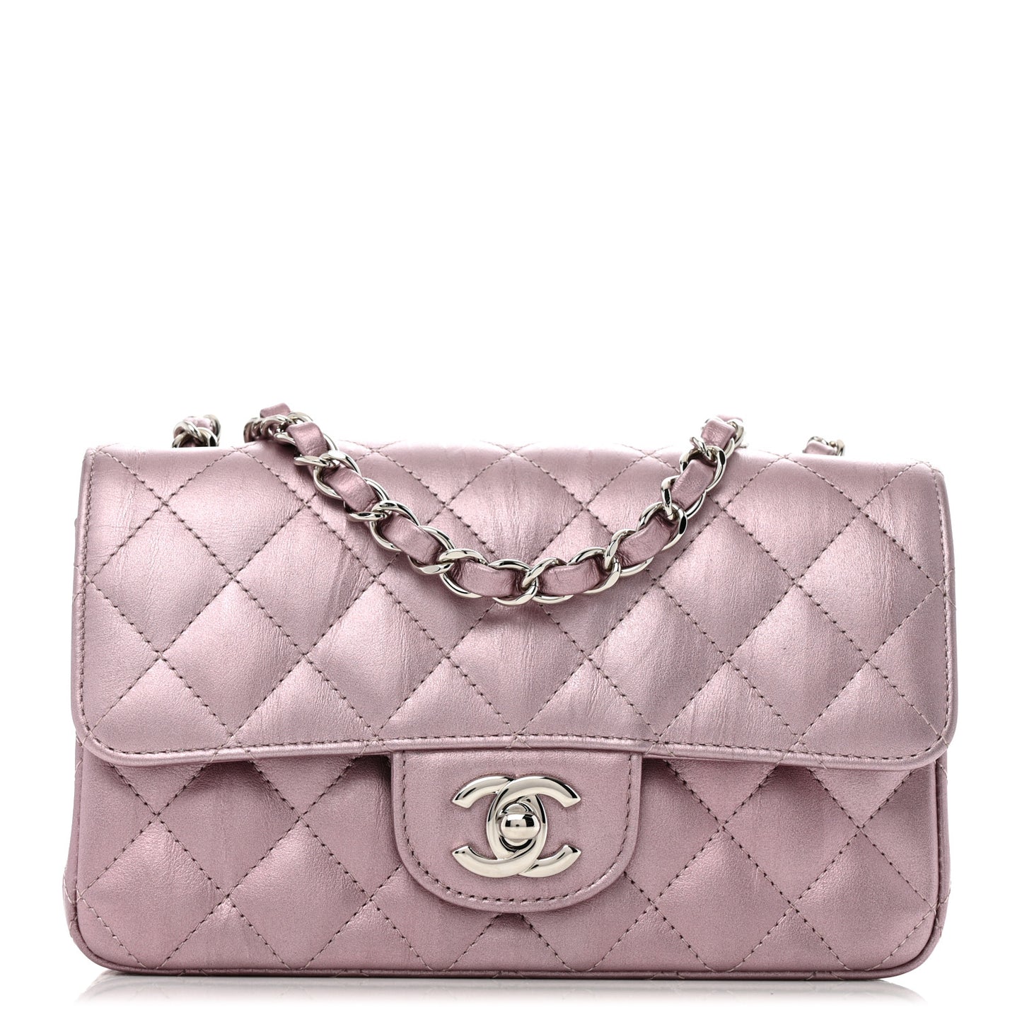 Metallic Calfskin Quilted Mini Rectangular Flap Pink