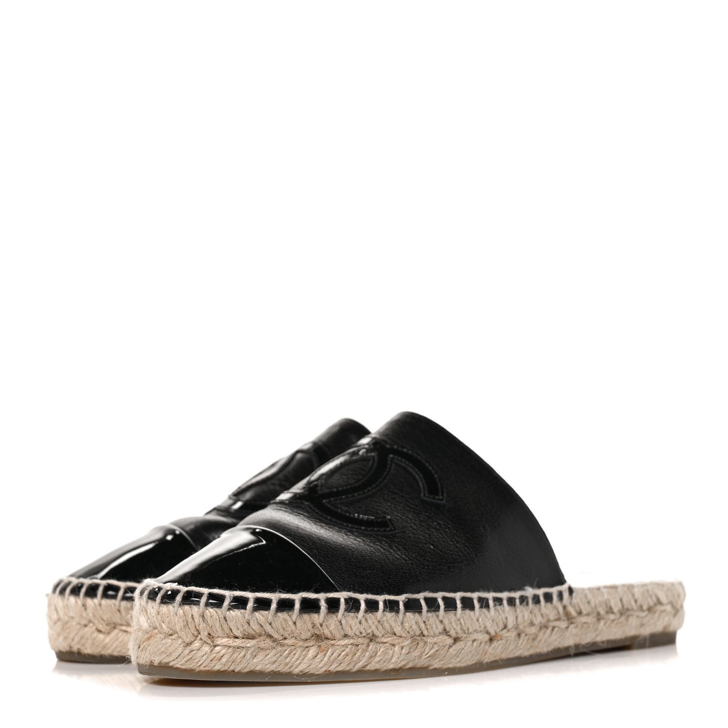Iridescent Goatskin Patent CC Espadrille Mules 35 Black