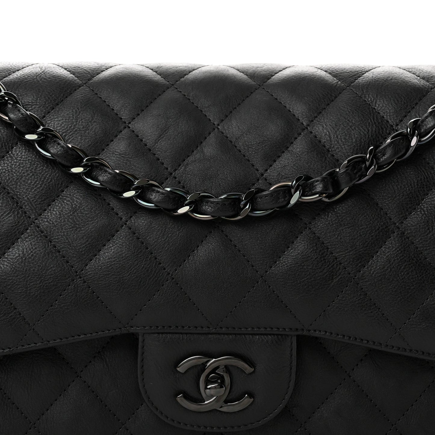 Crumpled Calfskin Quilted Jumbo Double Flap So Black