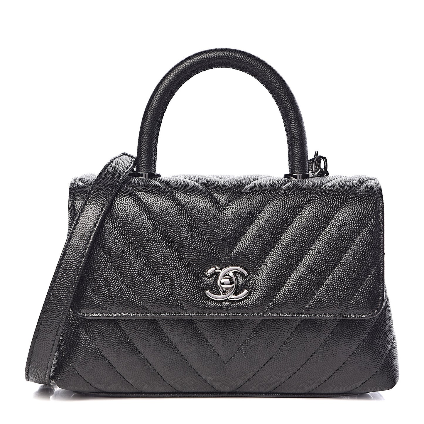 Caviar Chevron Quilted Mini Coco Handle Flap Black