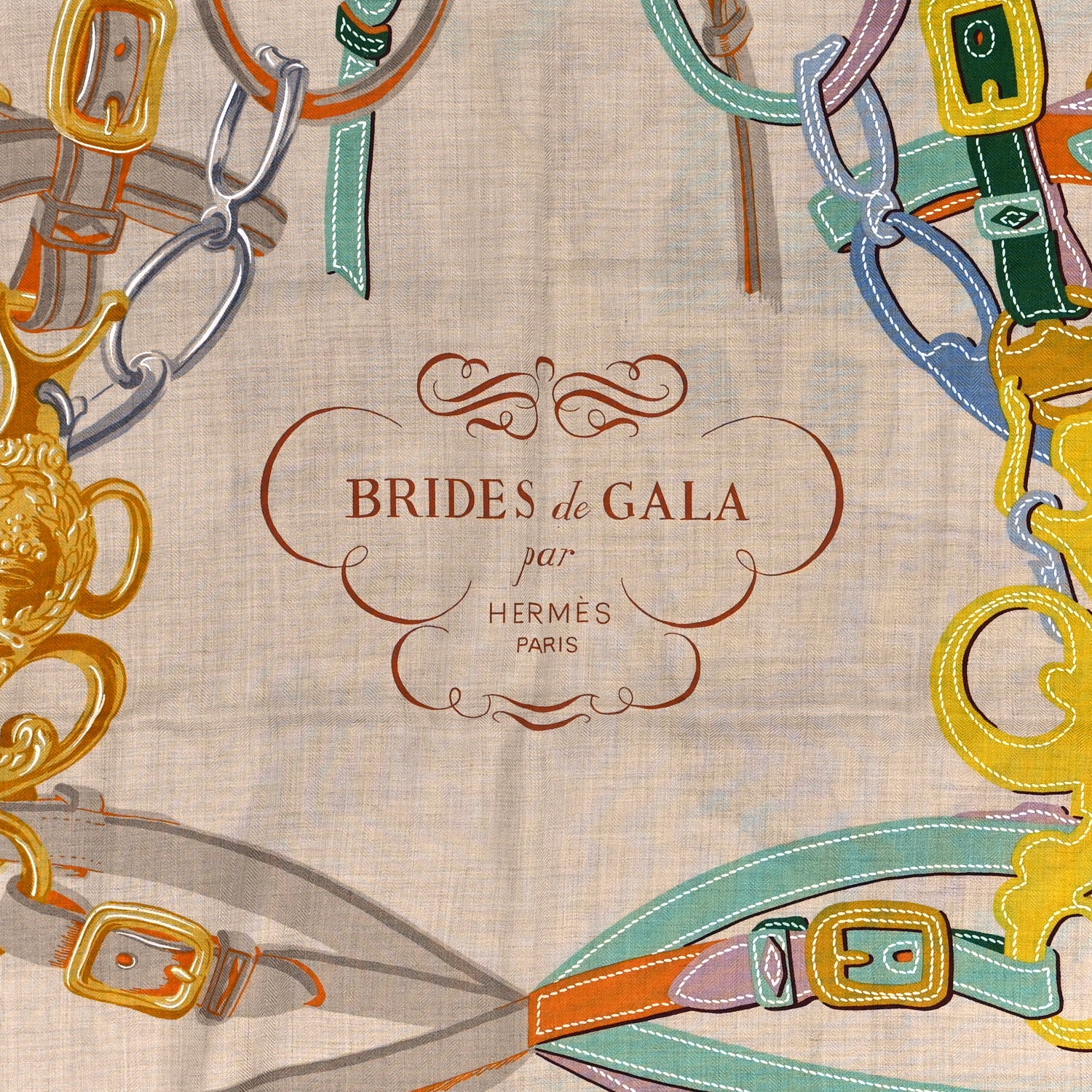 Hermes Silk Cashmere Brides De Gala Applique Pique Shawl 140 Beige Naturel Jaune 2 of 3
