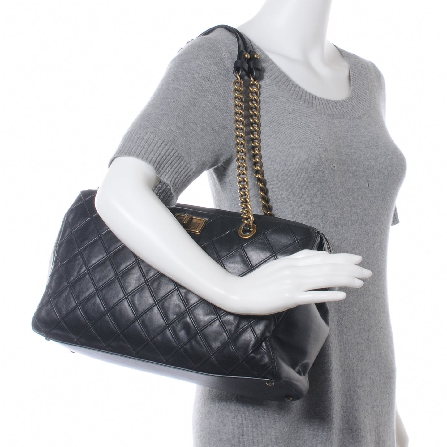 Calfskin Diamond Debossed Large Cosmos Zip Tote Black