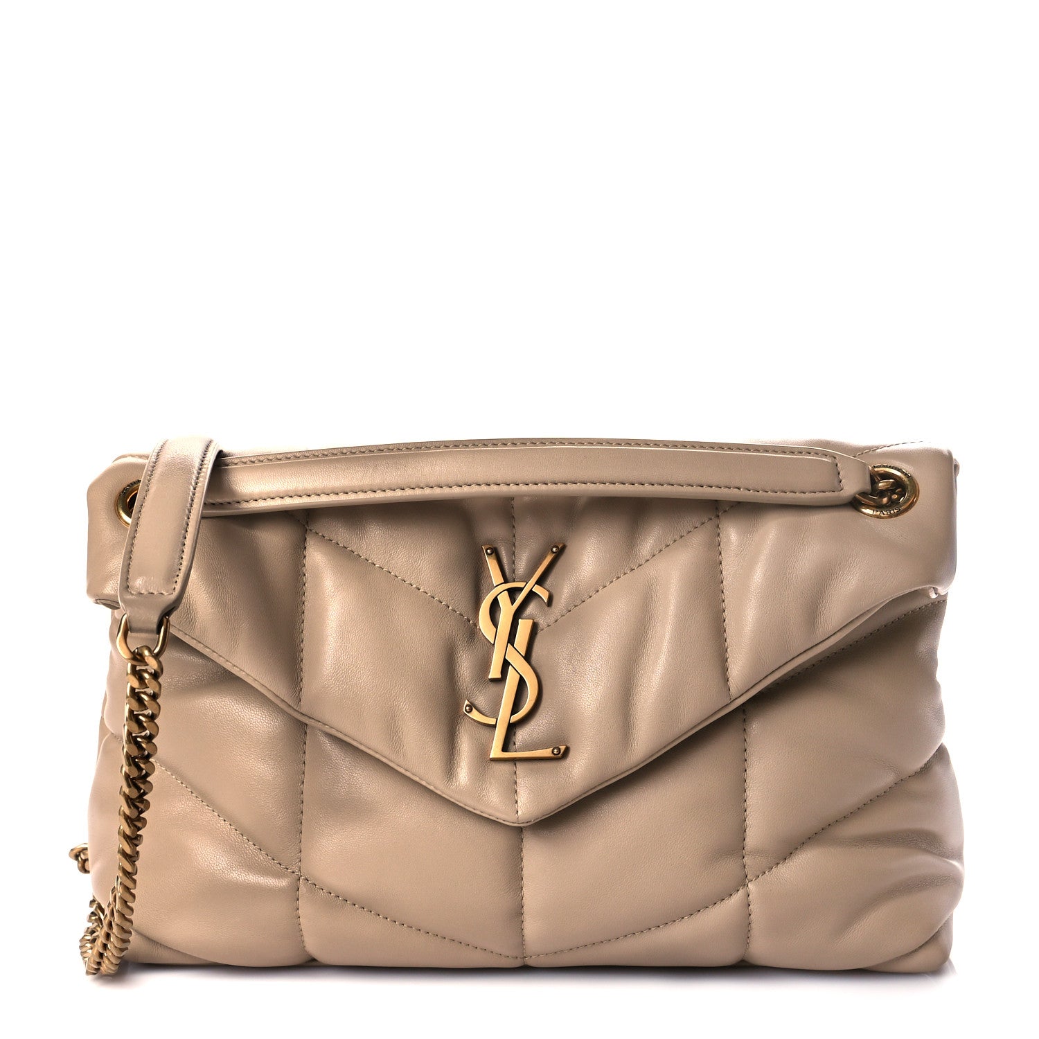 Saint Laurent Lambskin Quilted Small Loulou Puffer Monogram Chain Satchel Dark Beige 1 of 10