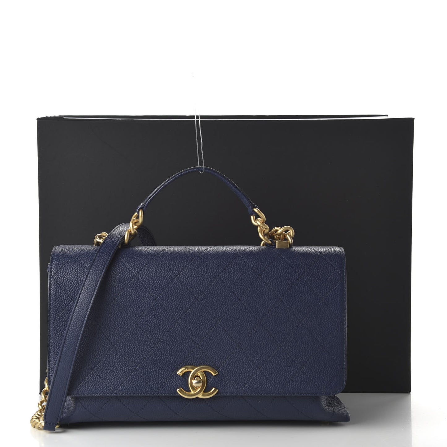Grained Calfskin Stitched Flap Navy Blue