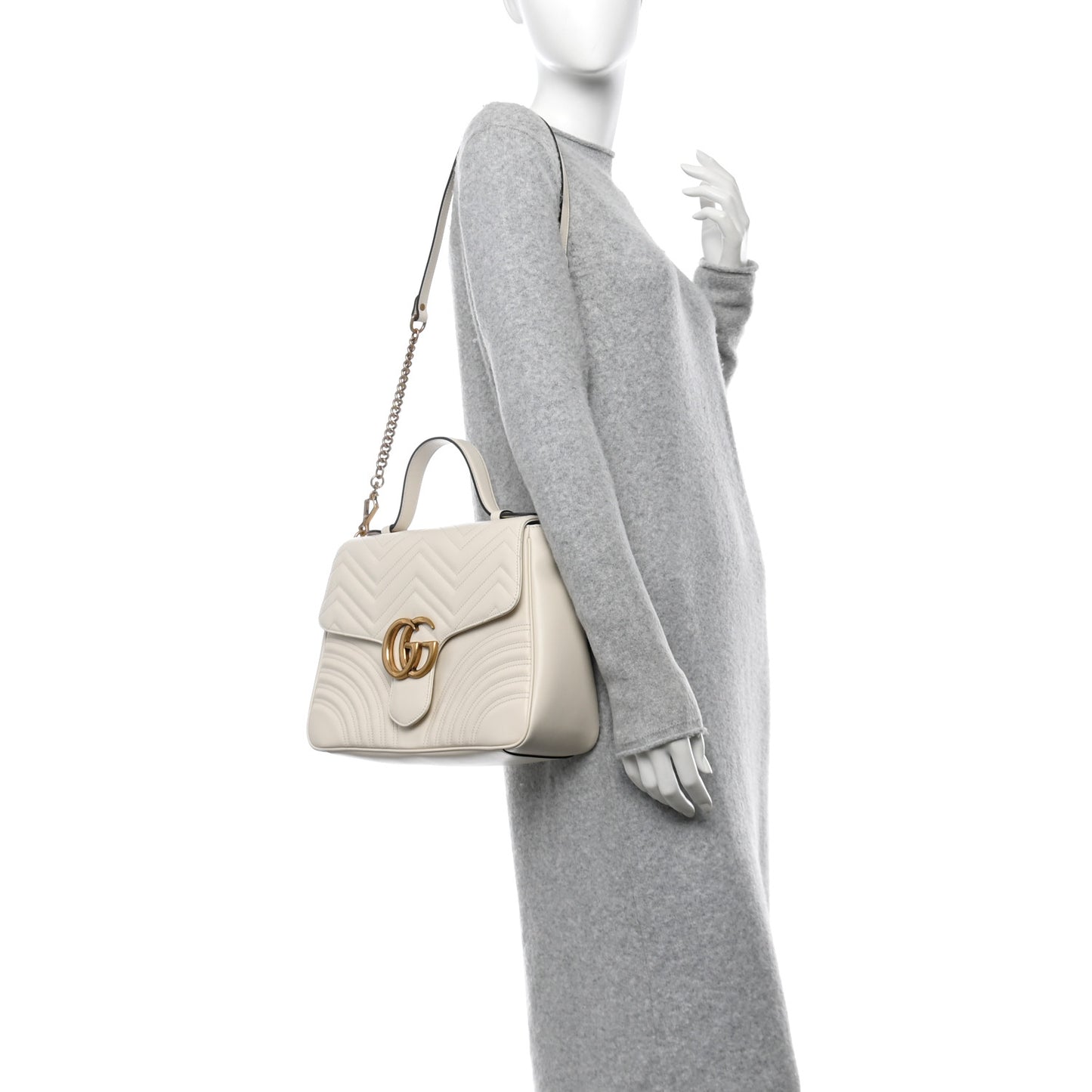 Calfskin Matelasse Medium GG Marmont Top Handle Shoulder Bag Mystic White