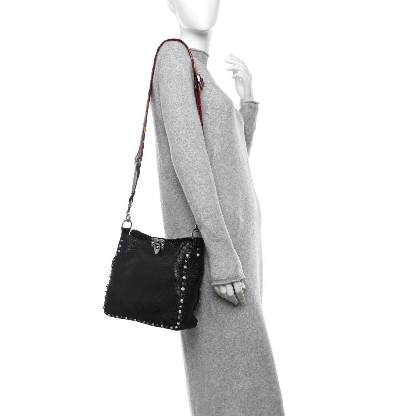 Pebbled Calfskin Tribal Small Guitar Strap Rockstud Rolling Flip-Lock Messenger Bag Black