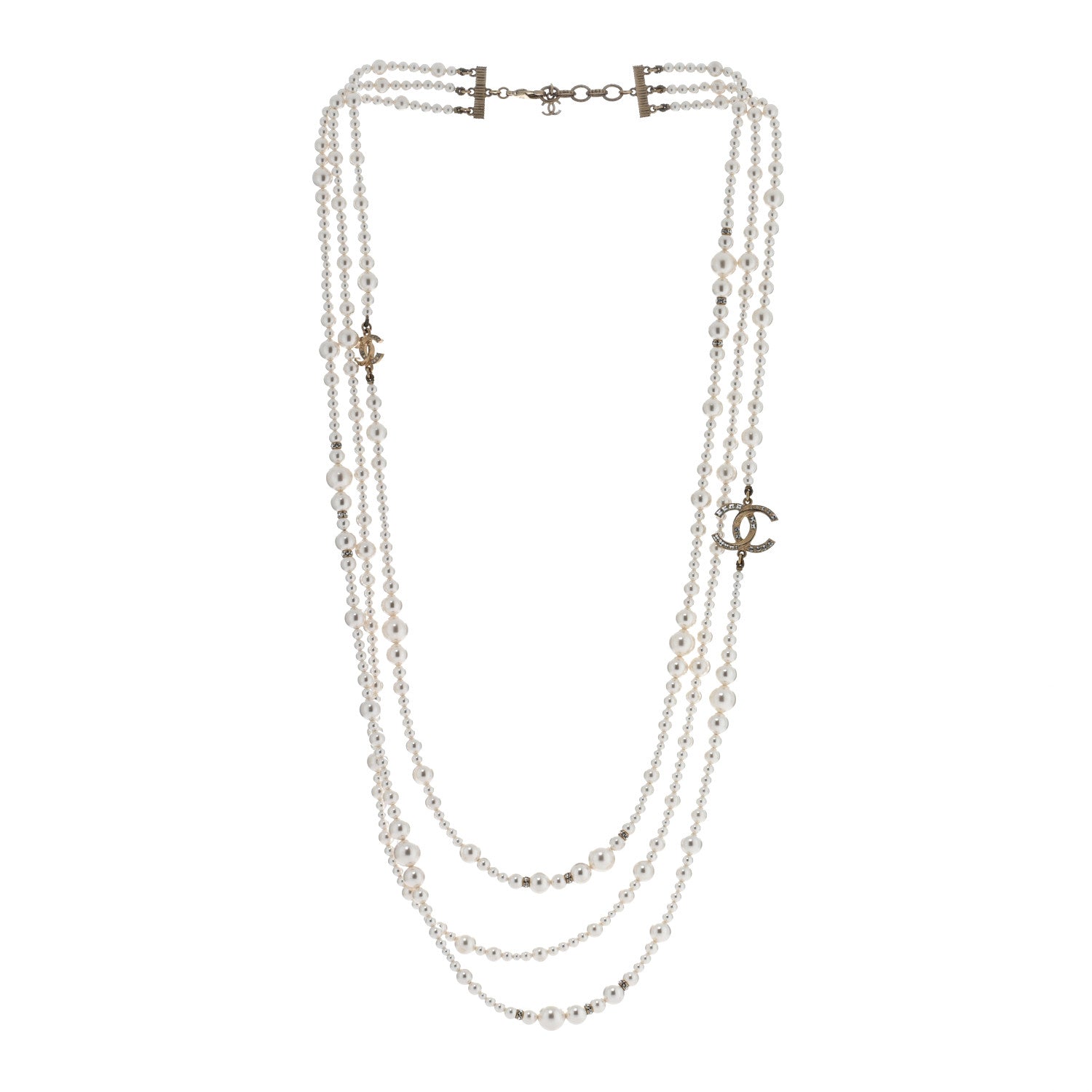 Chanel Graduated Pearl Crystal CC Multi Strand Necklace Gold 3 of 5