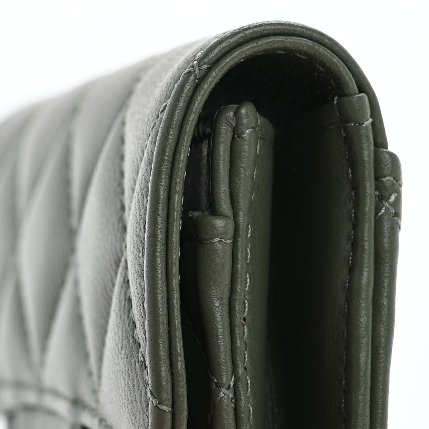 Lambskin Quilted Flap Card Holder Wallet Khaki