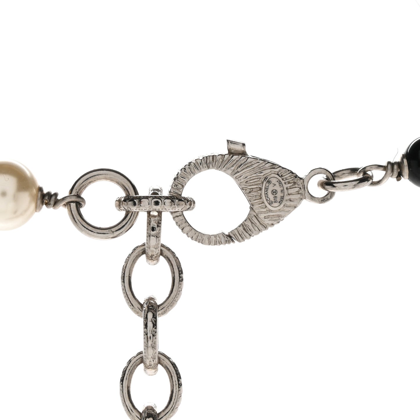 Pearl Crystal Bead CC Long Necklace Silver Black White