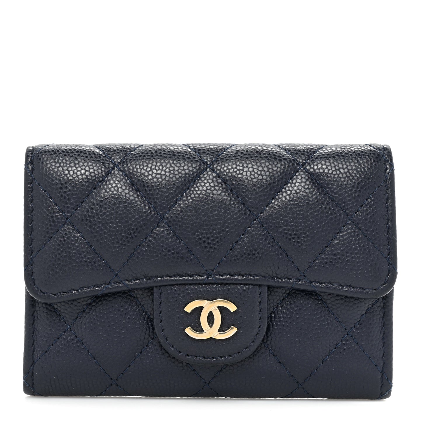 Caviar Quilted Flap Card Holder Wallet Navy