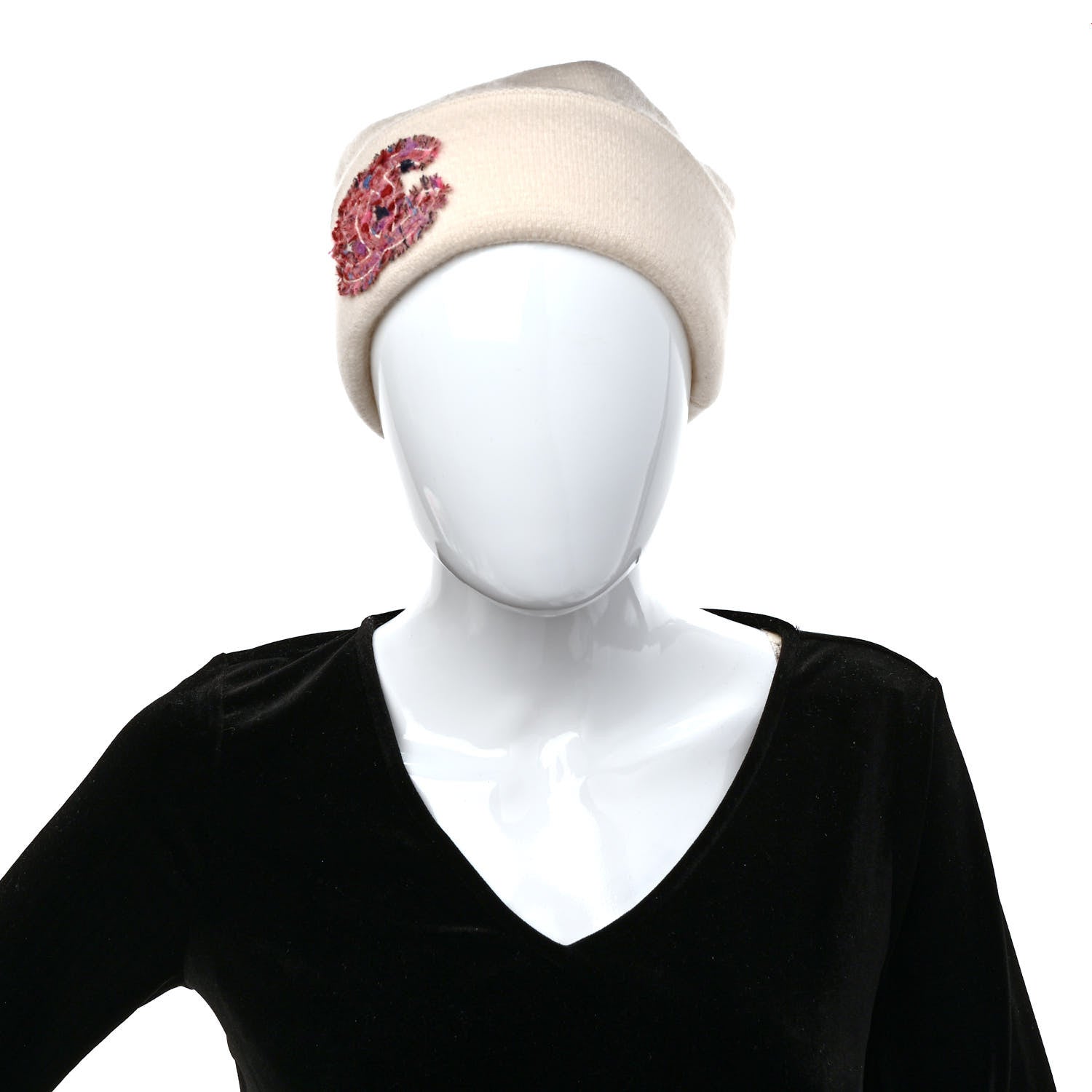 Chanel Cashmere CC Beanie Hat White Pink 2 of 6