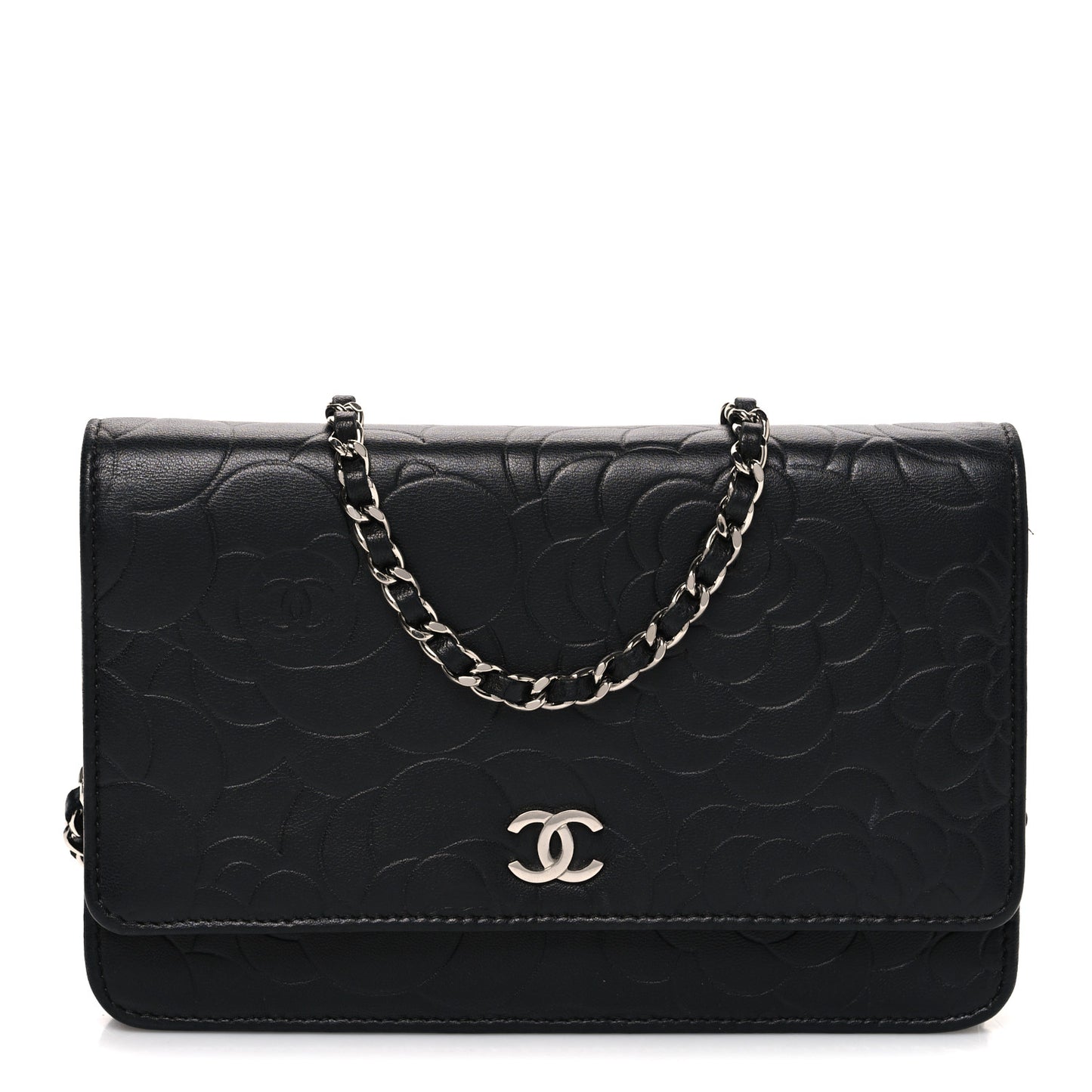 Lambskin Camellia Embossed Wallet on Chain WOC Black