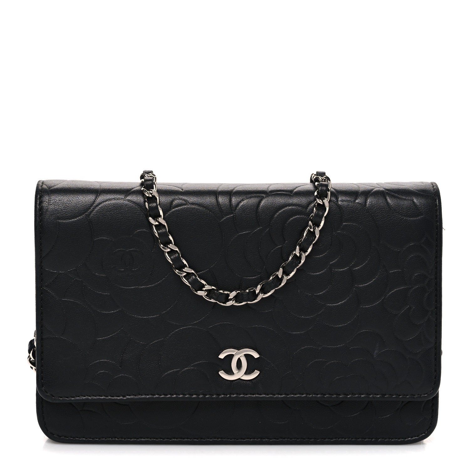 Chanel Lambskin Camellia Embossed Wallet on Chain WOC Black 1 of 11