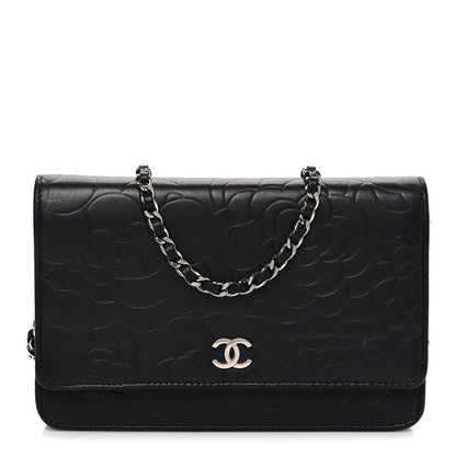 Chanel Lambskin Camellia Embossed Wallet on Chain WOC Black 1 of 11