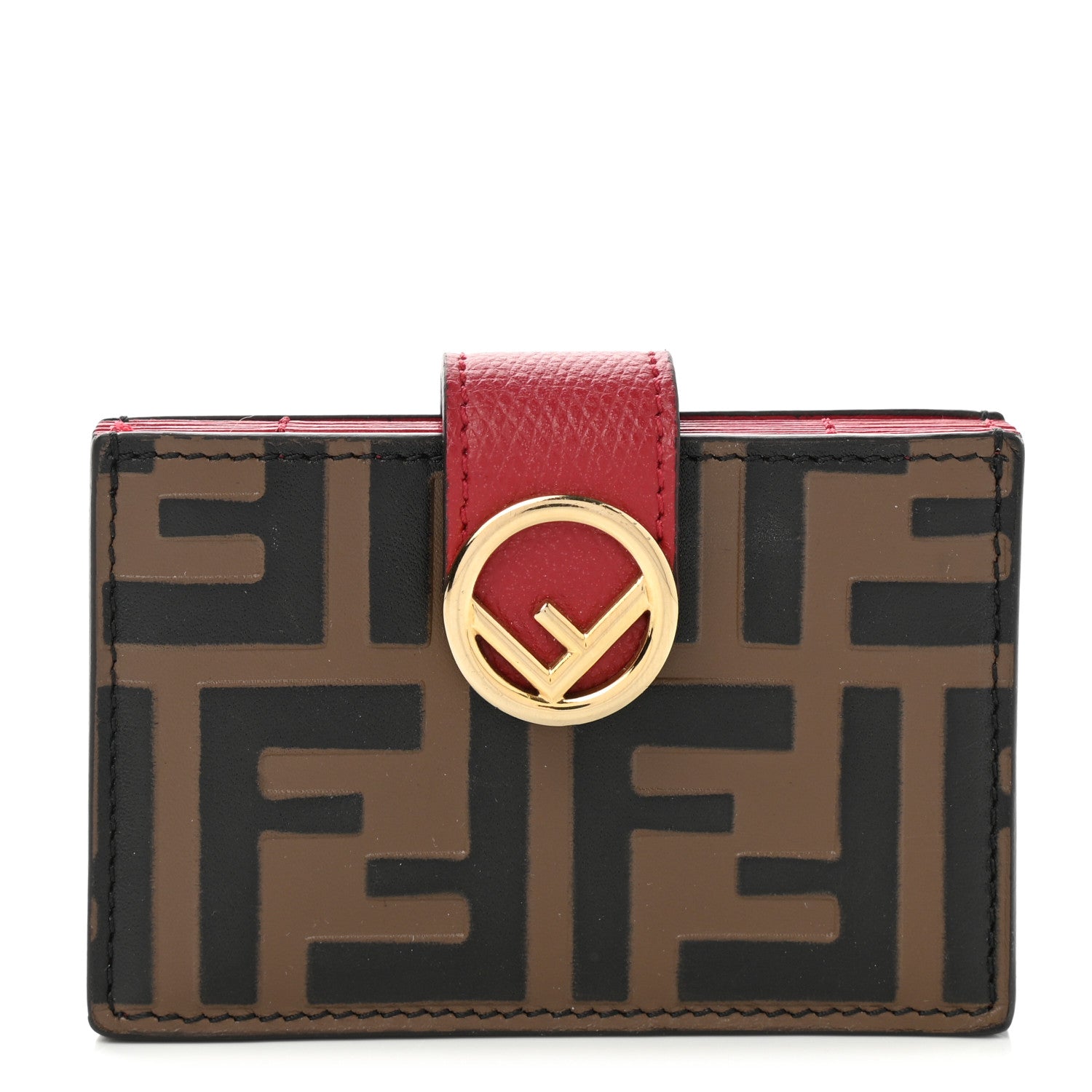 Fendi Vitello Cruise F is Fendi Bi-Color FF 1974 Embossed Gusseted Card Holder Maya Black Rosso 1 of 8