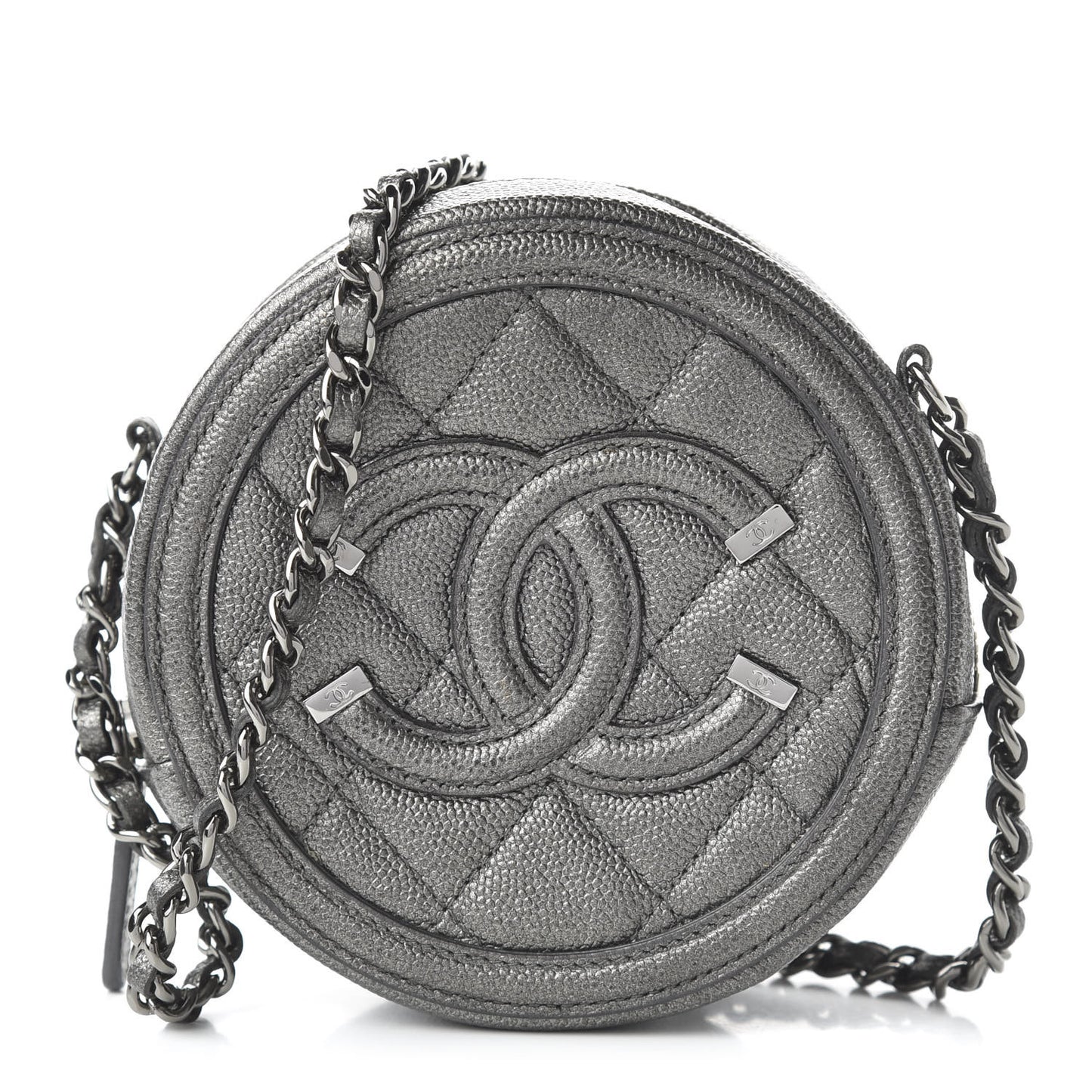 Metallic Caviar Quilted Round Filigree Crossbody Dark Silver