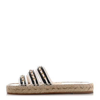 Chanel Lambskin Chain Espadrille Slip On Sandals 37 Black White 1 of 8