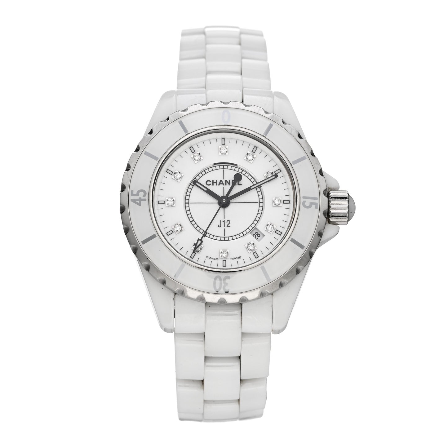 Stainless Steel Ceramic Diamond 33mm J12 Quartz Watch White