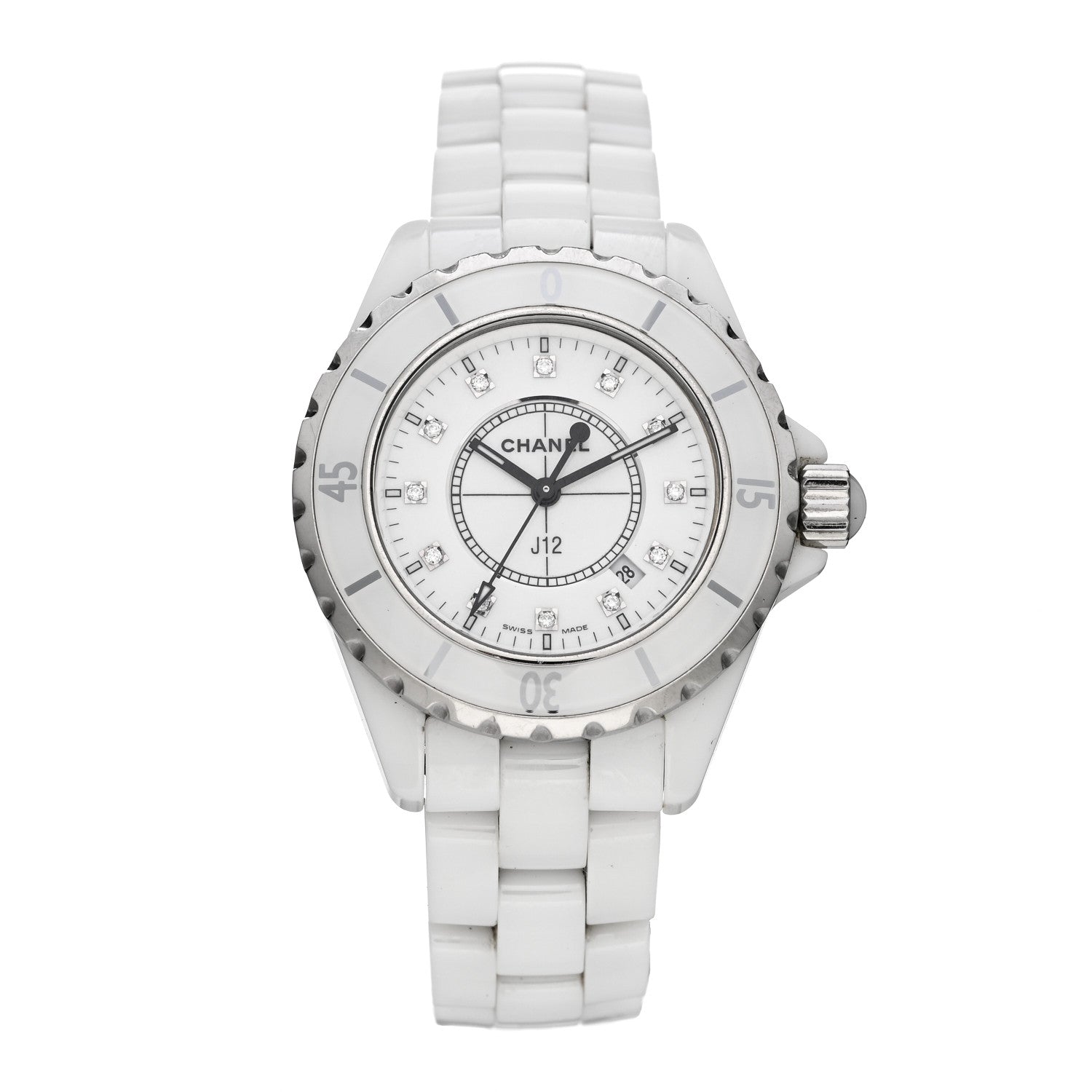 Chanel Stainless Steel Ceramic Diamond 33mm J12 Quartz Watch White 1 of 5