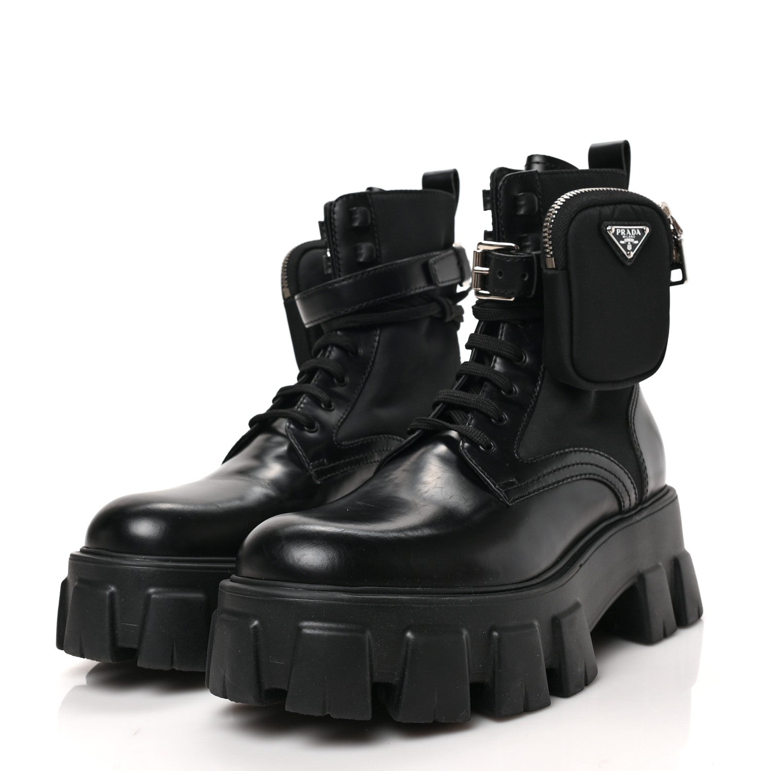 Prada Spazzolato Rois Nylon Metal Triangle Logo Monolith Pouch Pocket 55mm Boots 38 Black 3 of 8