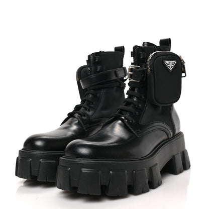 Prada Spazzolato Rois Nylon Metal Triangle Logo Monolith Pouch Pocket 55mm Boots 38 Black 3 of 8