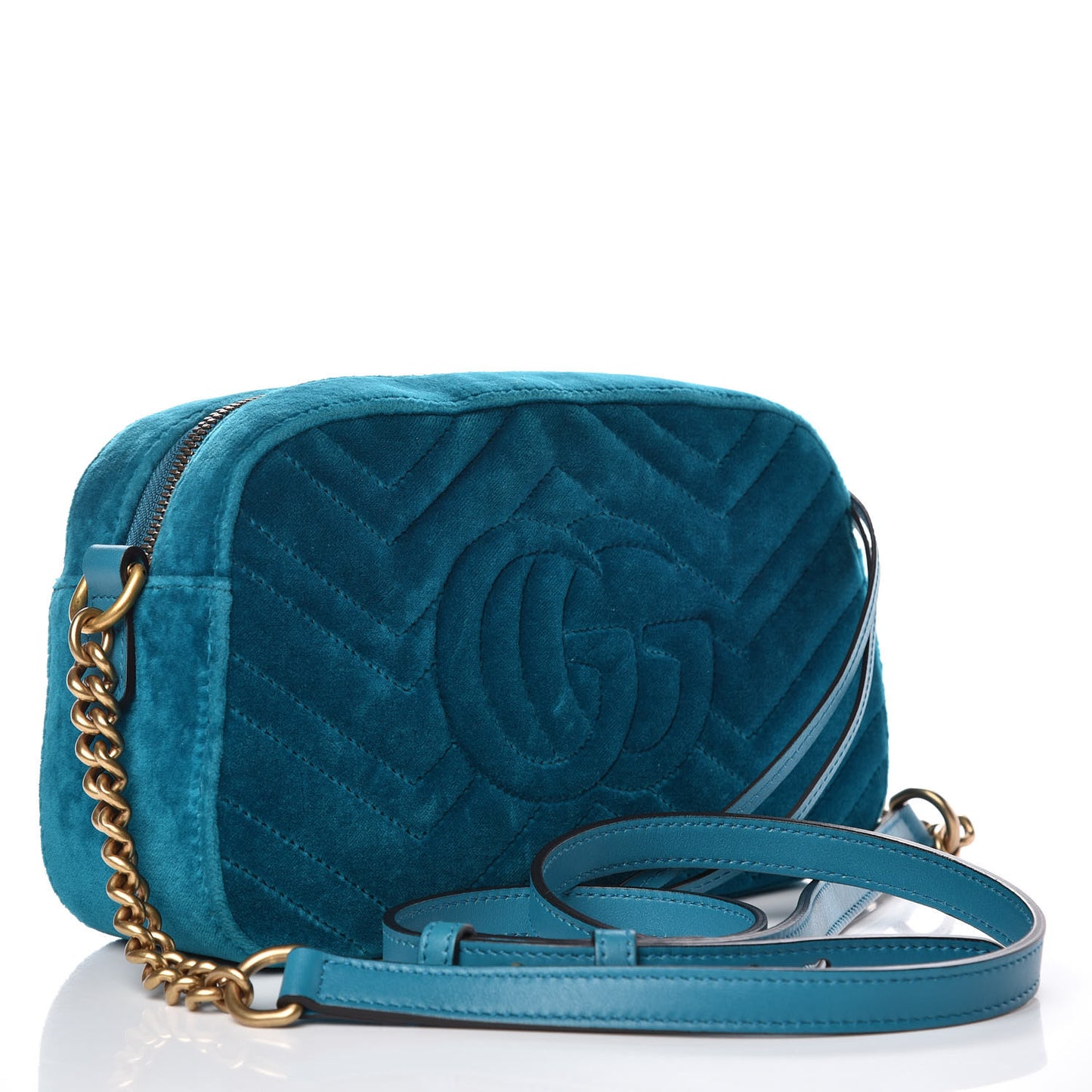 Velvet Matelasse Small GG Marmont Chain Shoulder Bag Pavone Cyan