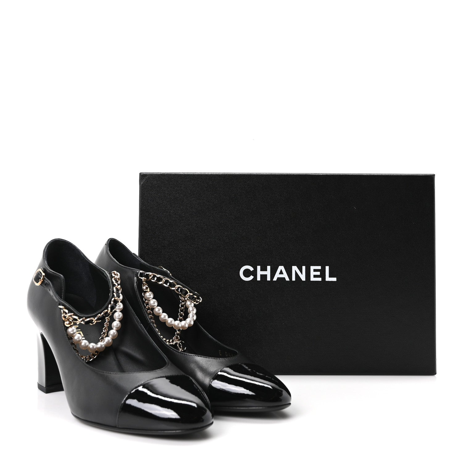 Chanel Shiny Lambskin Patent Calfskin Cap Toe Ankle Pearl Chain Pumps 39.5 Black 19 of 20