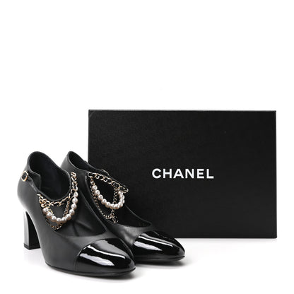 Chanel Shiny Lambskin Patent Calfskin Cap Toe Ankle Pearl Chain Pumps 39.5 Black 19 of 20