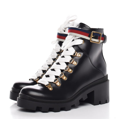 Gucci Calfskin Sylvie Web Lace Up Combat Boots 36 Black 3 of 9
