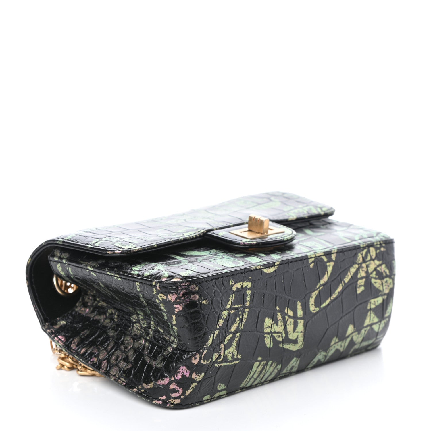 Chanel Calfskin Crocodile Embossed Graffiti 2.55 Mini Cocodile Reissue Flap Black Pink 4 of 10