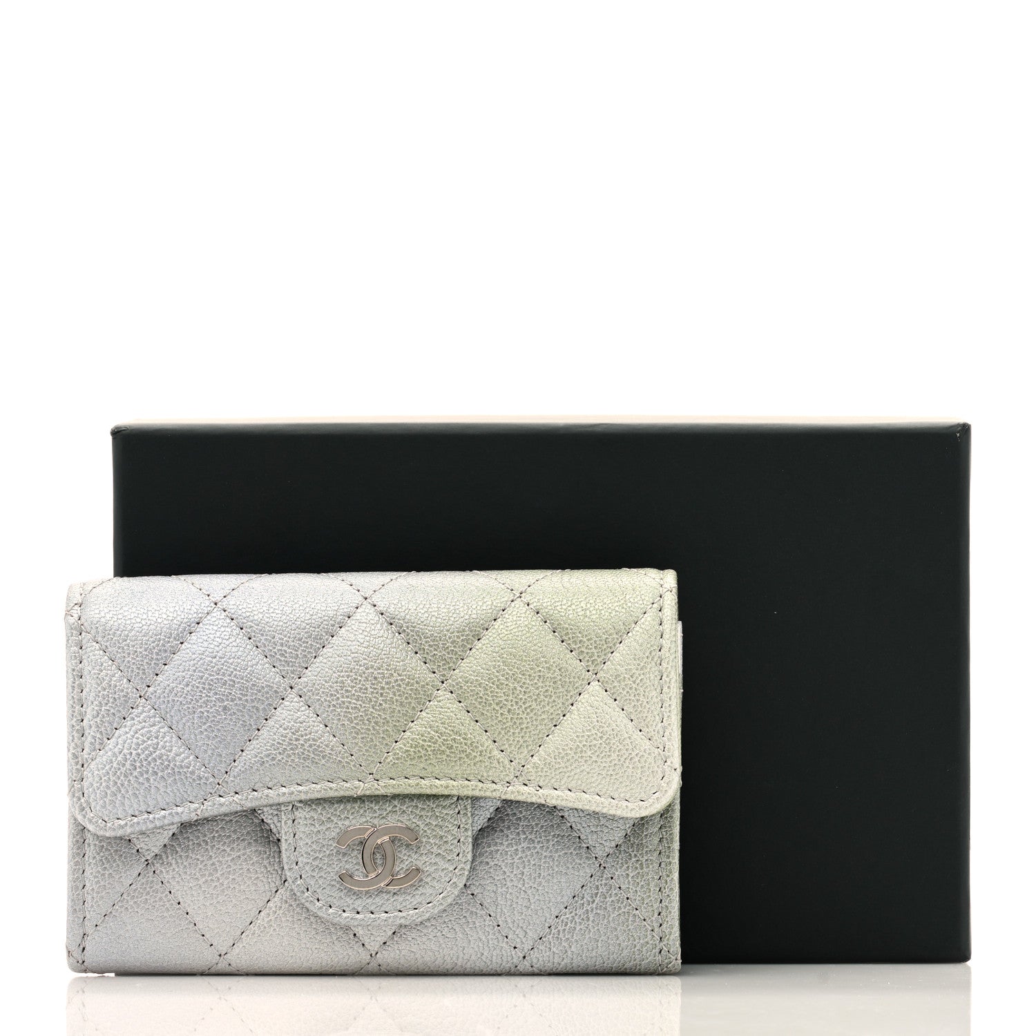 Chanel Metallic Goatskin Quilted Ombre Flap Card Holder Wallet Grey Green 8 of 8