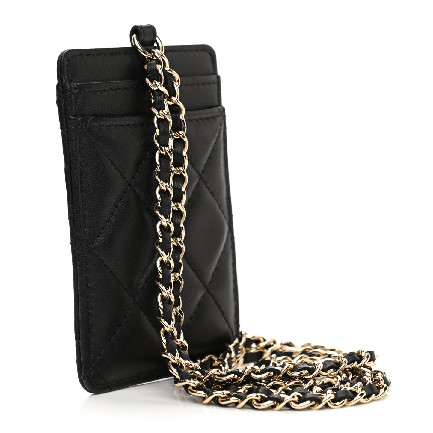 Lambskin Quilted Glitter Card Holder On Chain Black