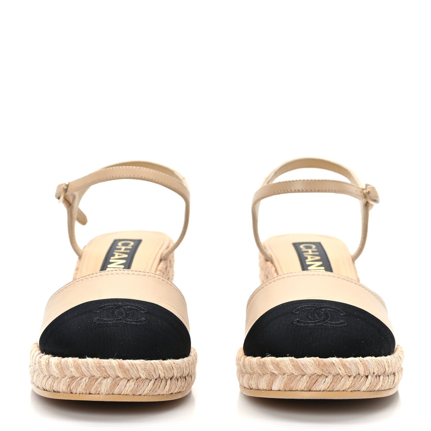 Lambskin Grosgrain CC Espadrilles Wedges 37 Beige Black